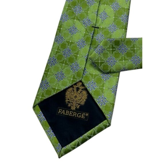 FABERGÉ Men's 100% Silk Necktie LUXURY Tie XL Green Blue Geometric W:3.6" EUC - Picture 6 of 6